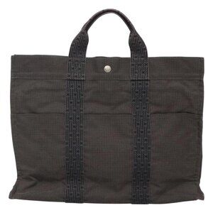 HERMES Her Line MM Hand Bag Canvas Gray Silver Auth th5896